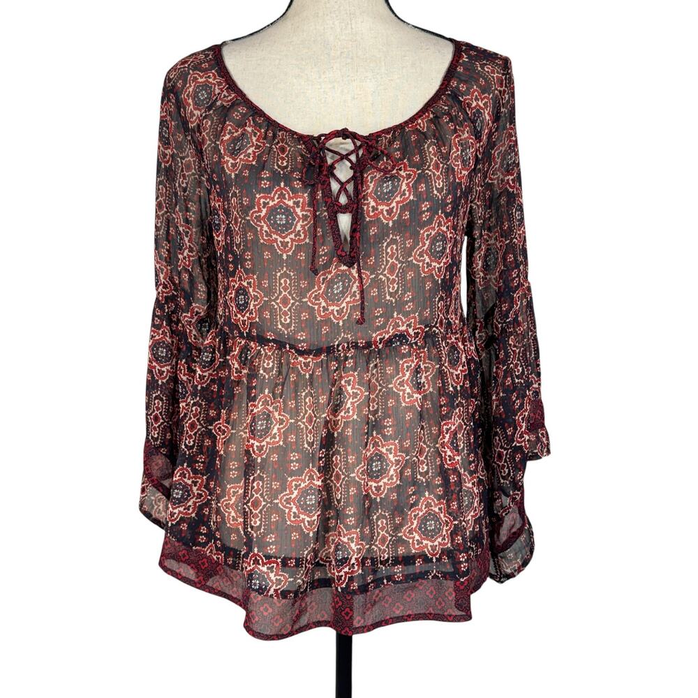 Hollister Small Top Geometric Semi-Sheer 3/4 Bell Sleeves Tie Lace-Up V-Neck